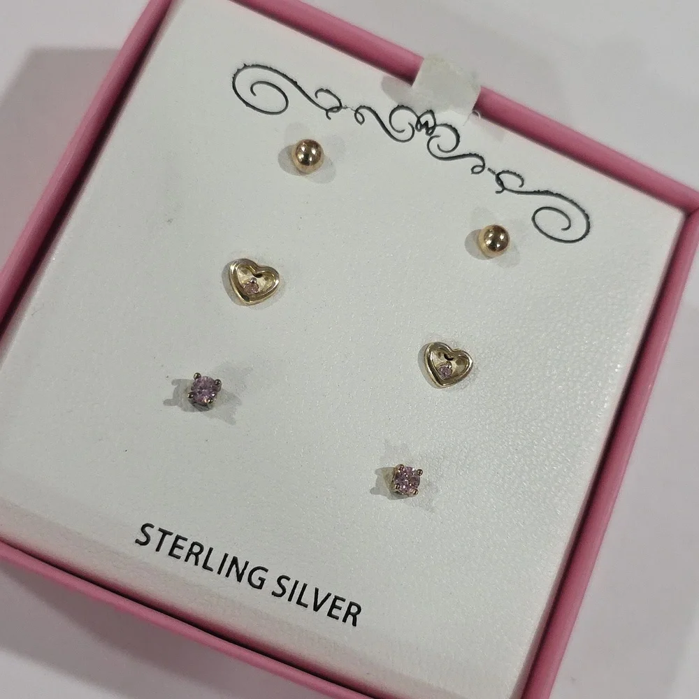 Trio: Gold Ball Studs, Heart-Shaped Pink Crystal Earrings, and Lavender Gemstone